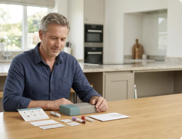 At-home blood test kit and sample tubes on a kitchen table